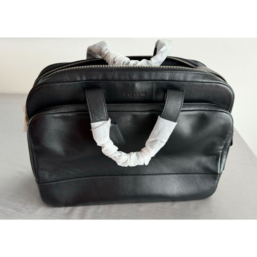 New COACH 24 hour Smooth Black Leather Laptop Briefcase - Authentic F72224